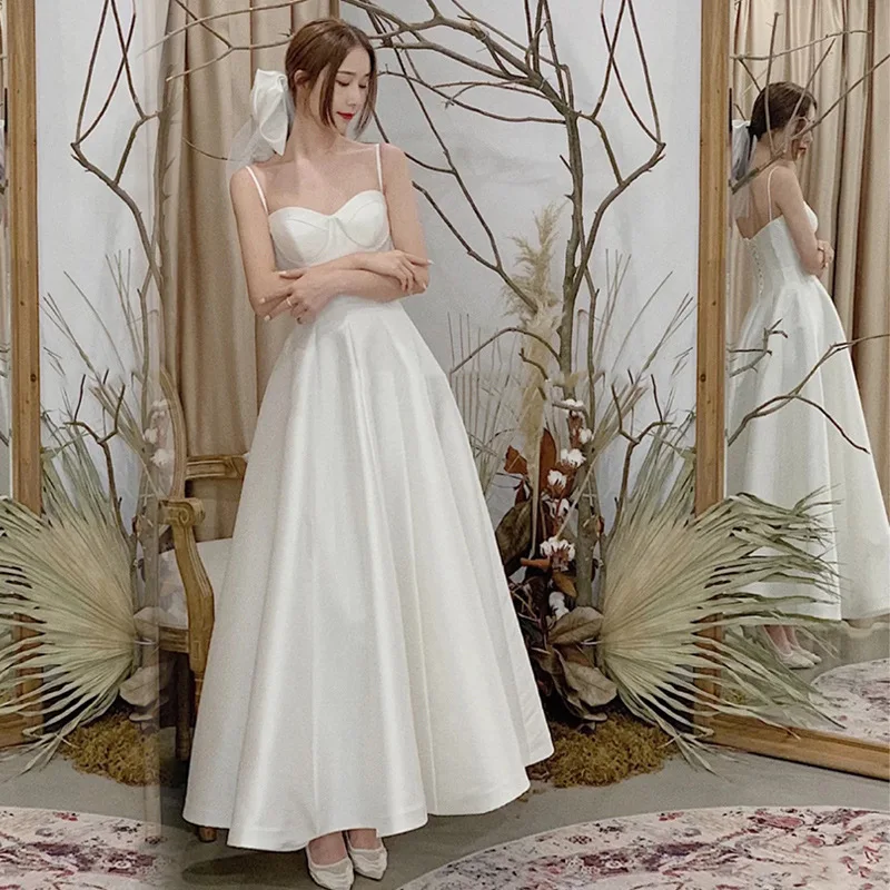 A1148 White Wedding Dress Women Party Vestidos Sweet Memory Floor-Length Satin Fashion Sexy Sleeveless A-Line Prom Dresses