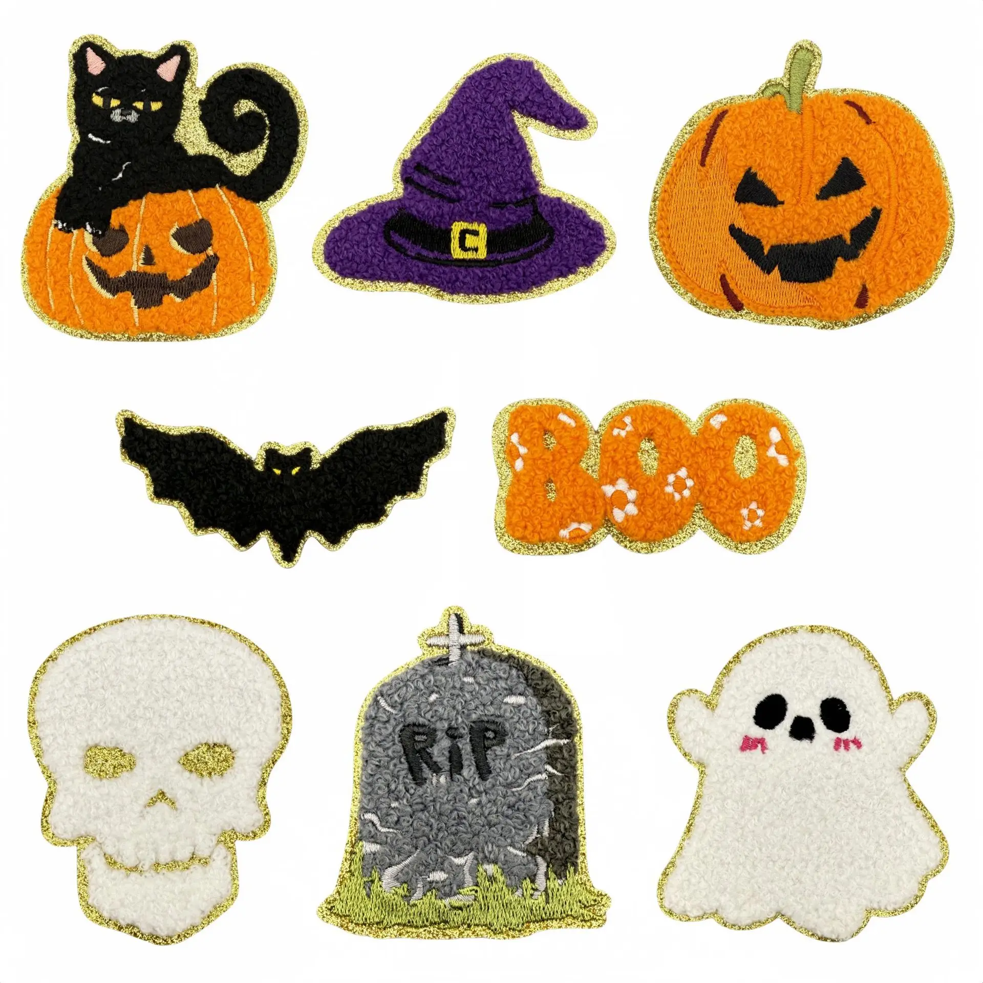Halloween Gold Border Pumpkin Embroidery Ghost Ironing Patch DIY Clothing Accessories Decoration Patch