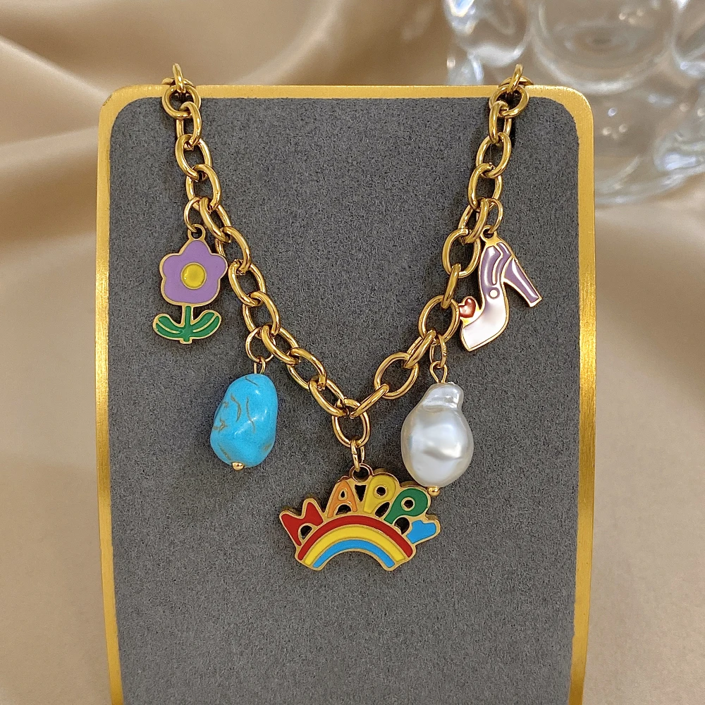 

DODOHAO Rainbow Pearl Highheel Shoes Charms Bracelets For Women Pendant Bracelets Gold Color Stainess Steel Trendy Jewelry