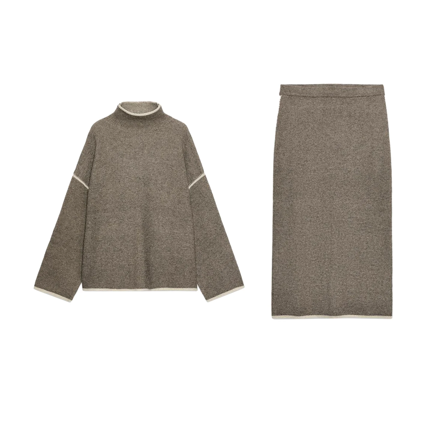 Długi sweter z golfem, blokowy wzór, dzianinowy, prosty krój, spódnica midi, dwuczęściowy zestaw, wysoki stan, jednolity kolor, jesień...