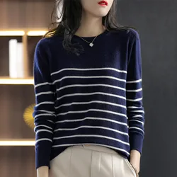 2023 Women's Classic Stripe Loose Cotton Sweater Pullover Knitted Sweater Women's Long Sleeve Pullover Knitted Casual Top