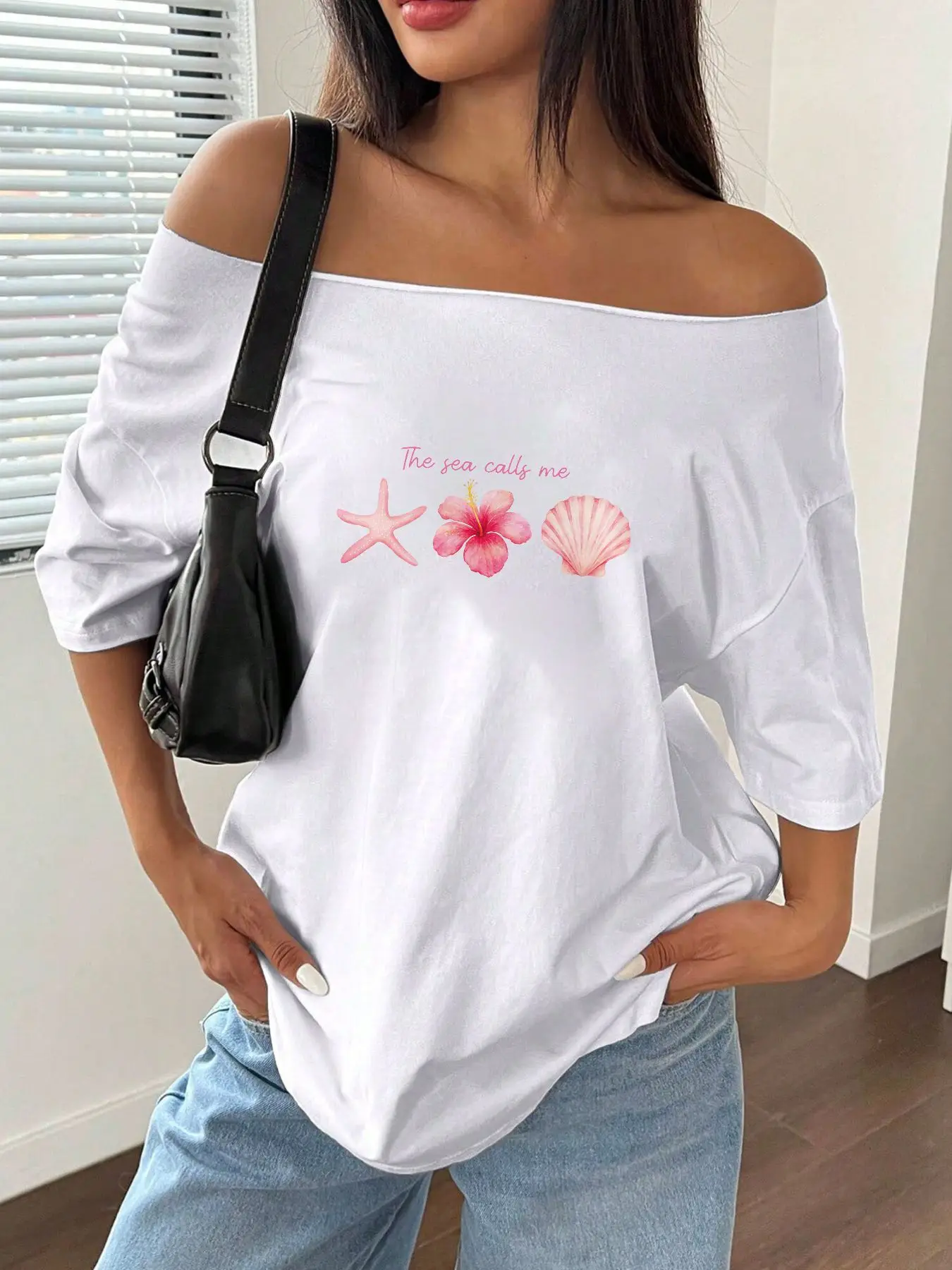 

Plus Size 100% Cotton Shoulder Loose Print T-Shirt Oversized Y2K Style Graphic Tees Women Tops Summer Off The Shoulder Top
