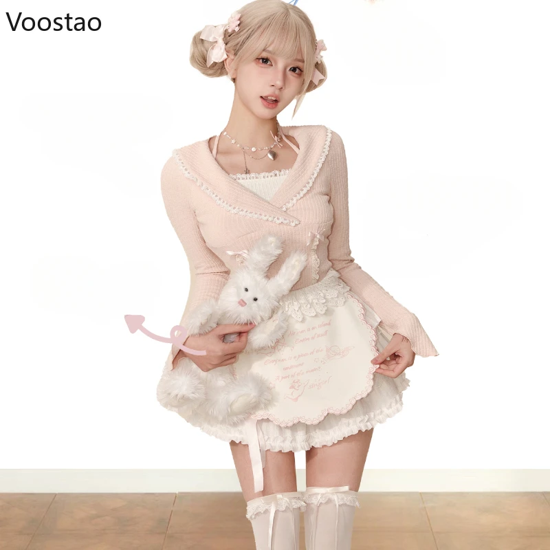 Spring Autumn Vintage Lolita Style 2 Piece Set Women Sweet Knitted Blouse Tops Y2k Princess Mini Skirt Female Korean Elegant Set