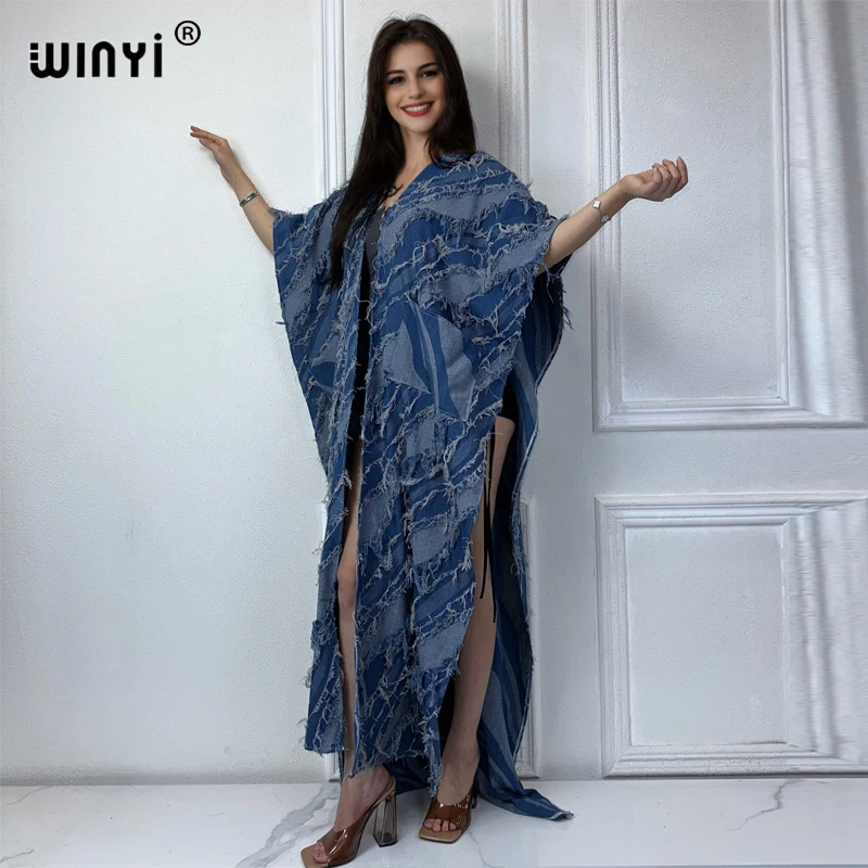 WINYI Kimono Sleeveless denim long down pocket Women coat elegant Party Holiday beach Cover Up fashion maxi dress