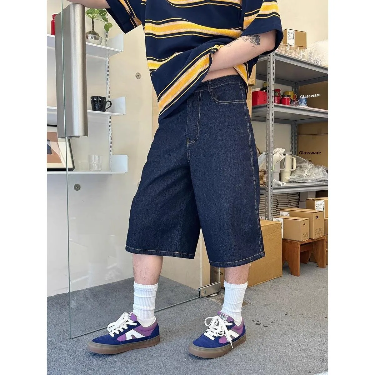 American Retro Printed  Letter 7/8 Length Jeans Men's Summer New High Street Straight Casual Cotton Stretch Denim Shorts