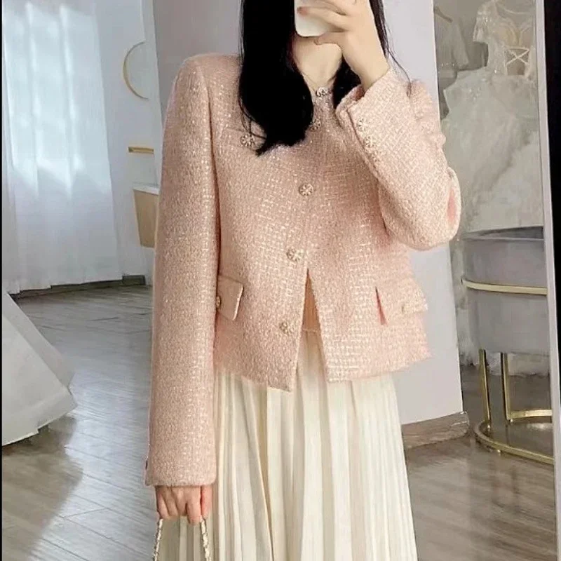 Small Fragrance Runway Fall Winter French Tweed Wool Sweet Pink Jackets Coat Women\'s Chic High End Female Outerwear Suit