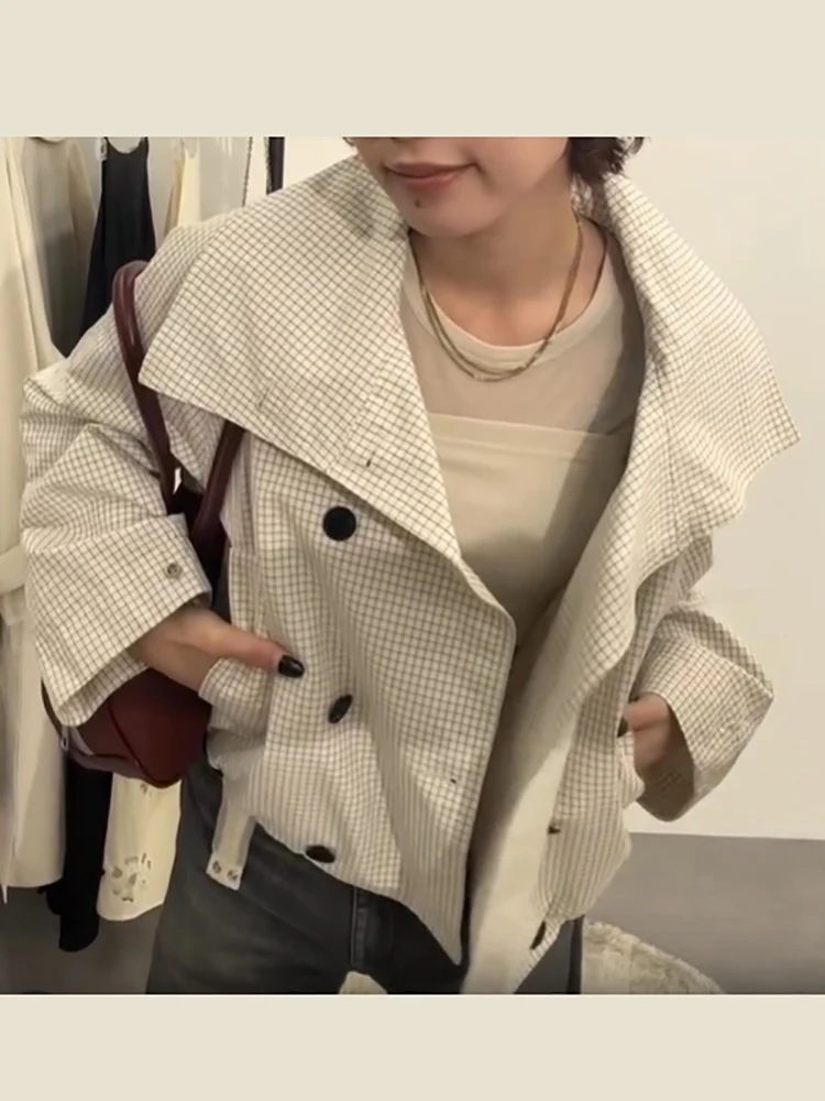 Lässiger Karierter Mantel mit Reverskragen für Damen, Eleganter Doppelreihiger Mantel mit Elastischem Bund, Langen Ärmeln, Locker Geschnittene Jacke, Herbst 2026 Alltags-Oberbekleidung – Detail 3