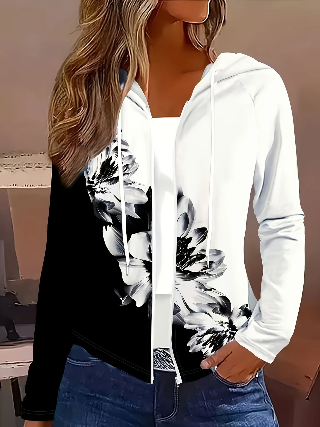 Black & White Contrast Floral Zip Hoodie for Women – Lightweight Casual Jacket with Drawstring