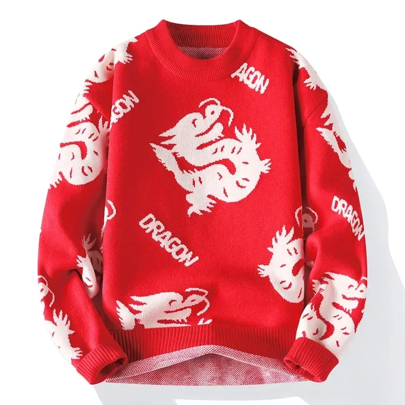 2024 New Fall Winter Fashion Dragon Print Sweater Men High End Luxury Cashmere Pullover Sweaters Soft Warm Mens Christmas Jumper