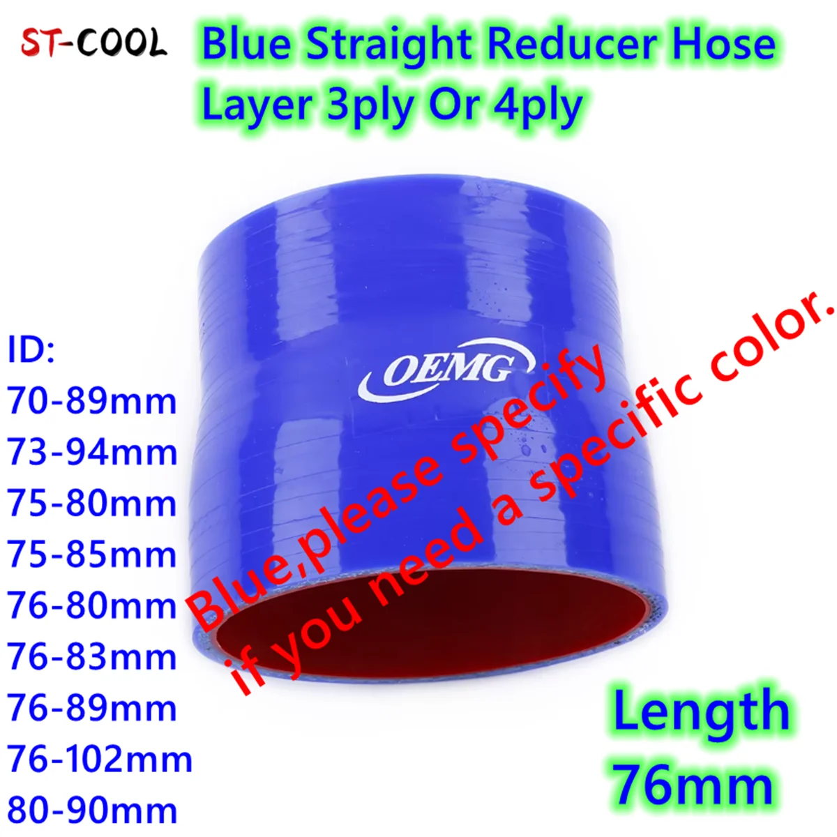 Blue Straight Reducer Hose ID 70mm 73mm 75mm 76mm 80mm 85mm 90mm 94mm 102mm General Silicone Coolant Intercooler Tube Pipe
