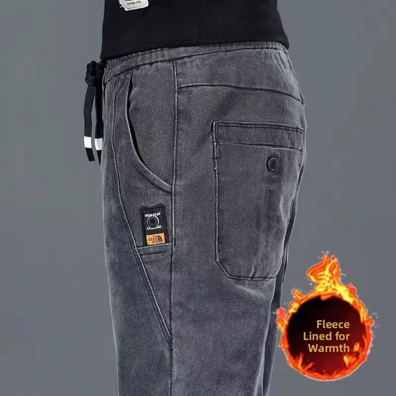 男性用 Thiened Fce 裏地付き耐摩耗性作業用ジーンズ 建設作業員向け 冬用 ロングストレートレッグパンツ