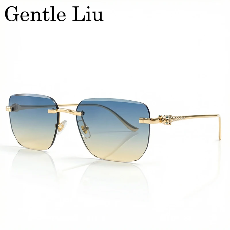 

Rimless Sunglasses Men Luxury Designer Photochromic Leopard Head Gold Cut Lens Square Sun Glasses Male Driving Eyewear Shades