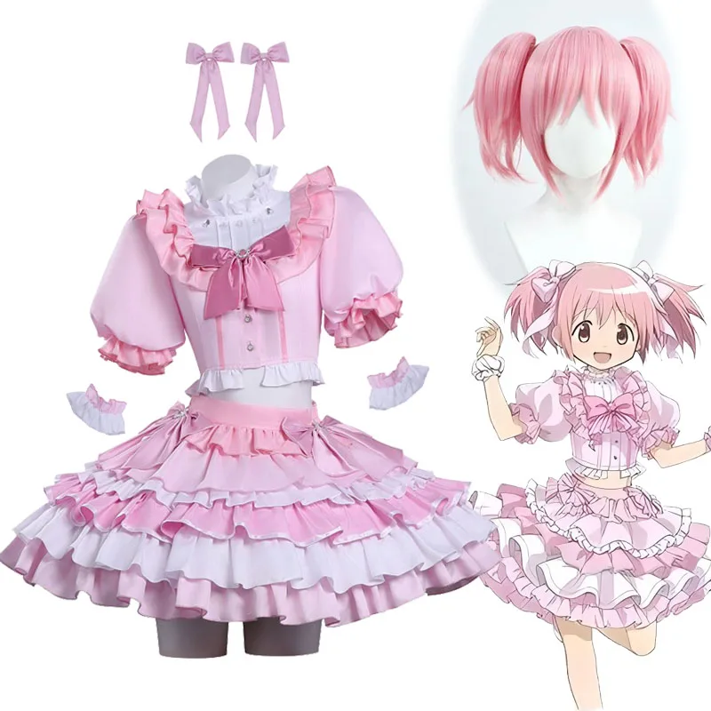 

2026 Kaname Madoka Cosplay Costume Puella Magi Madoka Magica Cute Uniform Skirts Magia Performance Wear Anime Cosplayer Wigs