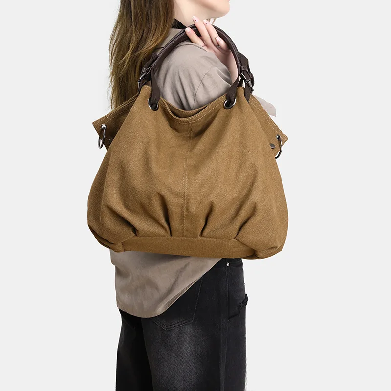 Japanese-style retro tote bag for women, commuter handbag, casual style, large-capacity workwear canvas bag, student school bag