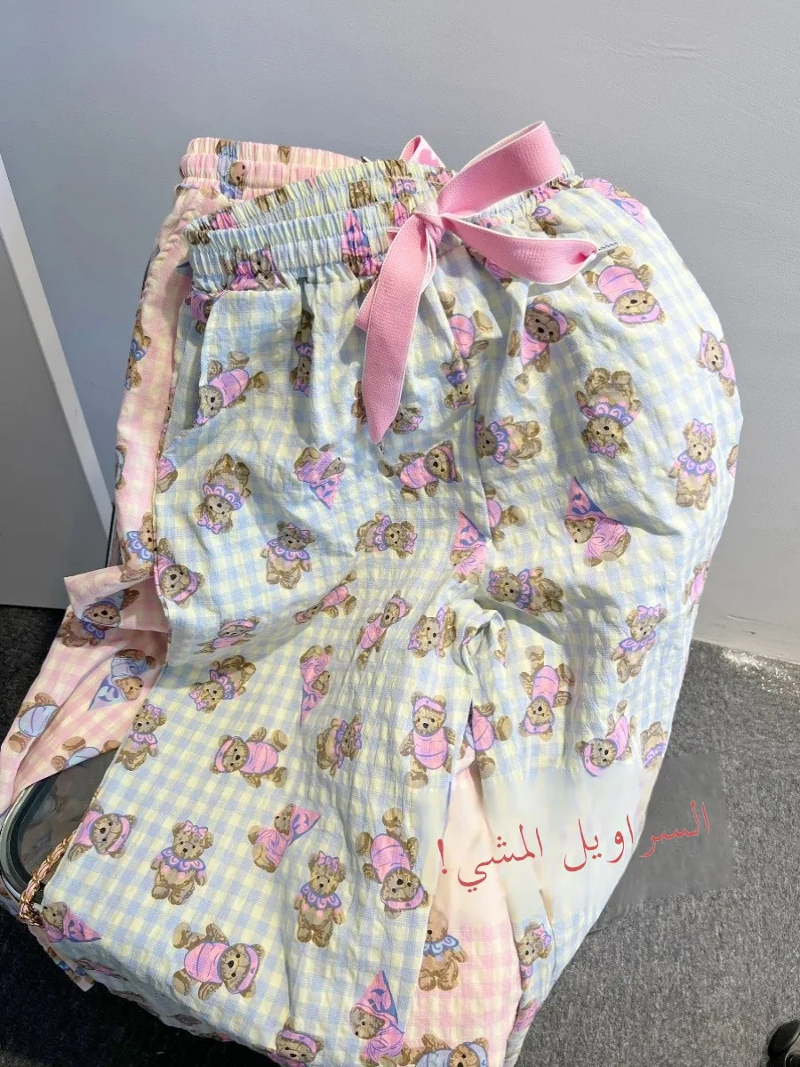 

Корейские летние повседневные широкие домашние брюки с милым медведем и пузырьками, большие размеры, удобные дышащие женские длинные брюки...