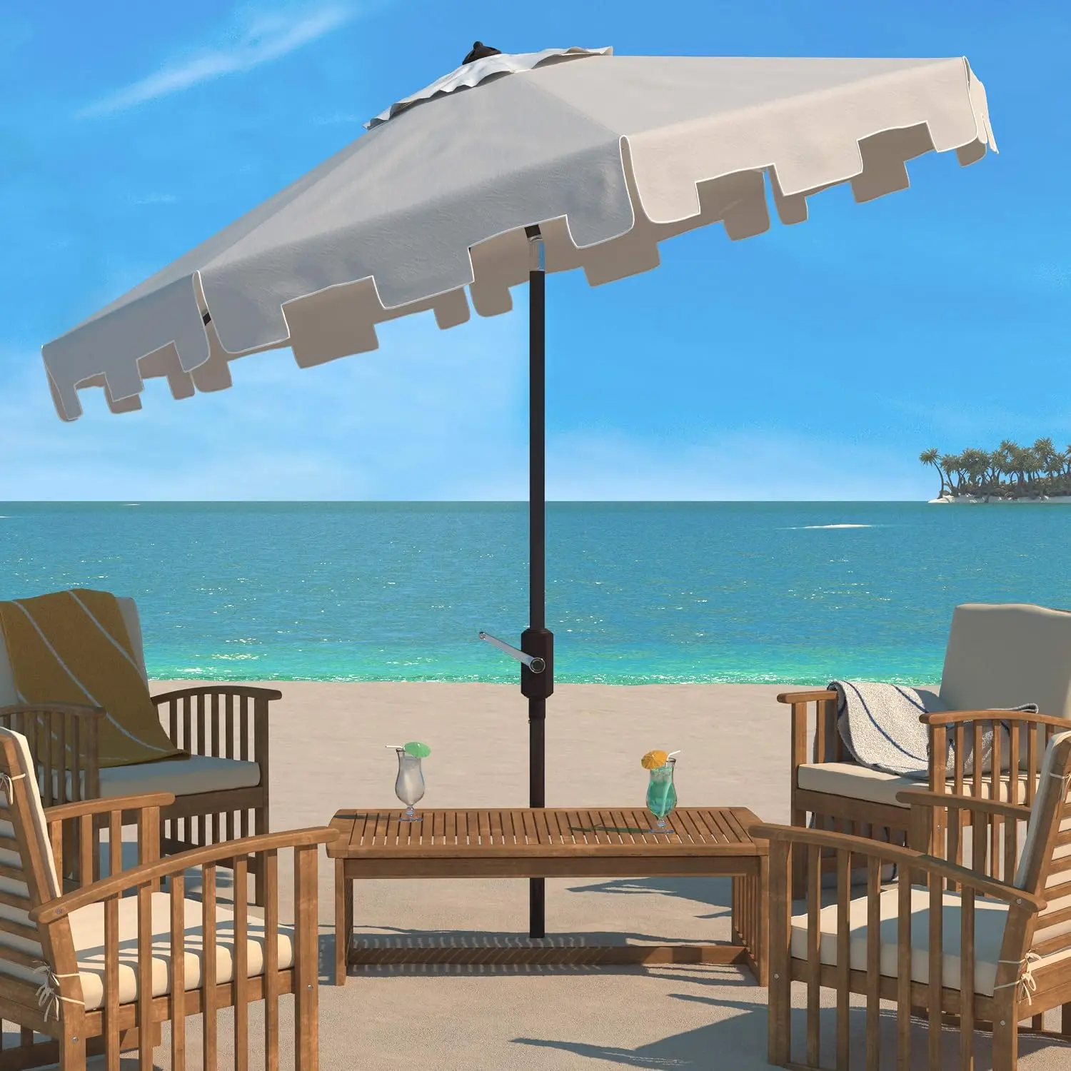9‑Foot Crank Patio Umbrella with Tilt Mechanism, Beige Canopy, Brown Aluminum Pole and Valance Trim, Outdoor Shade Shelter for Patio, Deck, Poolside and Backyard