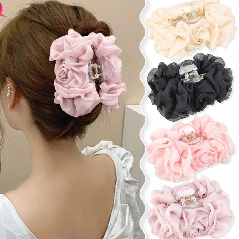 

2023 Rose Barrettes hairpin Women's Chiffon Bow Claw Clip Updo Large Solid Color Hair Claw Hair Accessories Headwear Wholesale