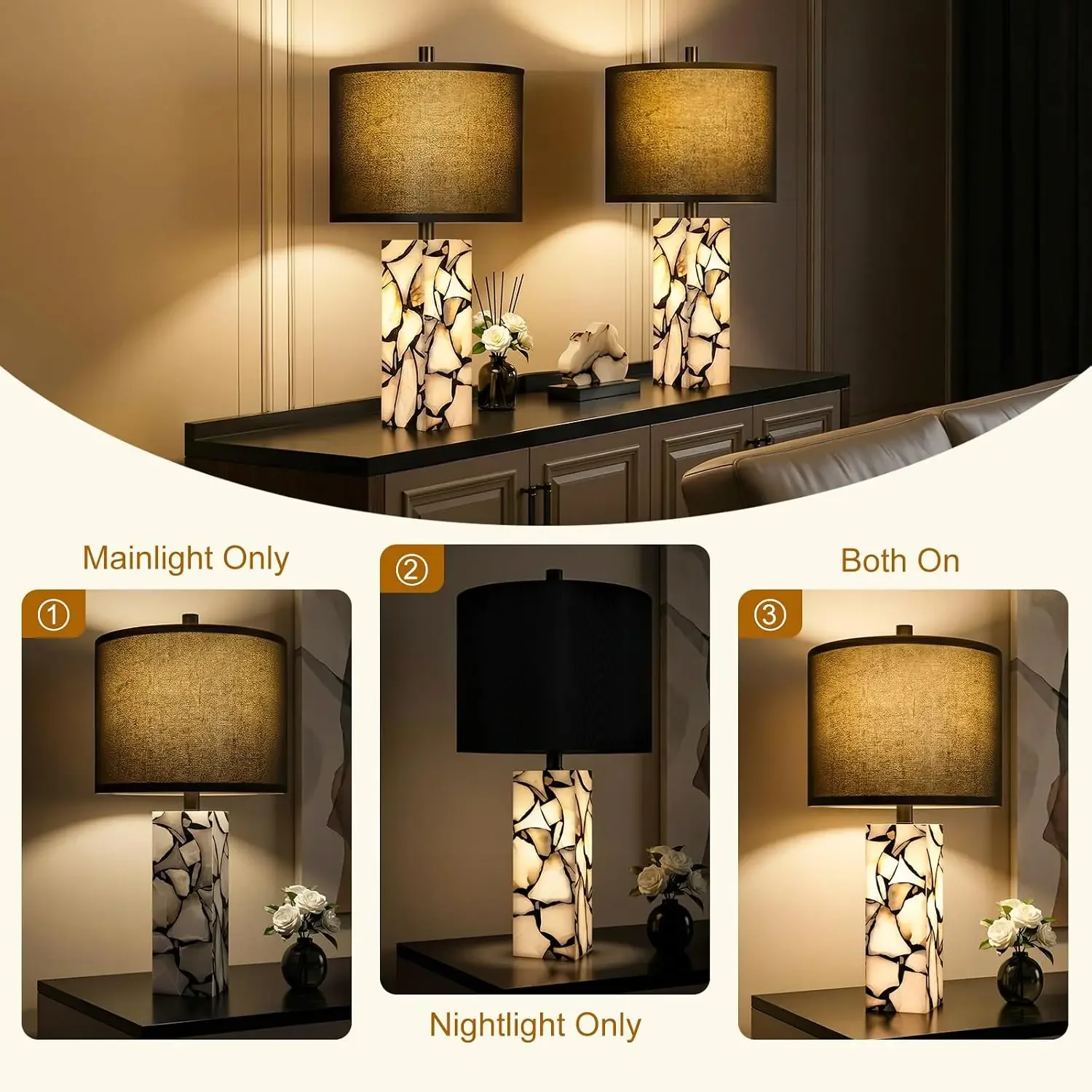 23" Alabaster Table Lamps Set of 2 with Night Light, Rotary Switch, Black Linen Shade, Bedside Lamp for Living Room, Bulb Included view 3