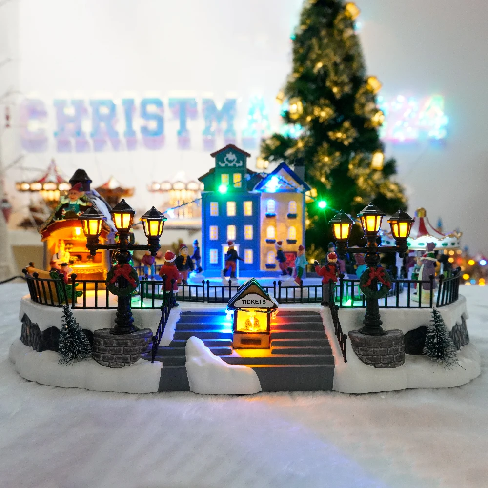 Supplier Plastic Animated LED Musical Skating Rink House Christmas Decoration Christmas Village With Movement