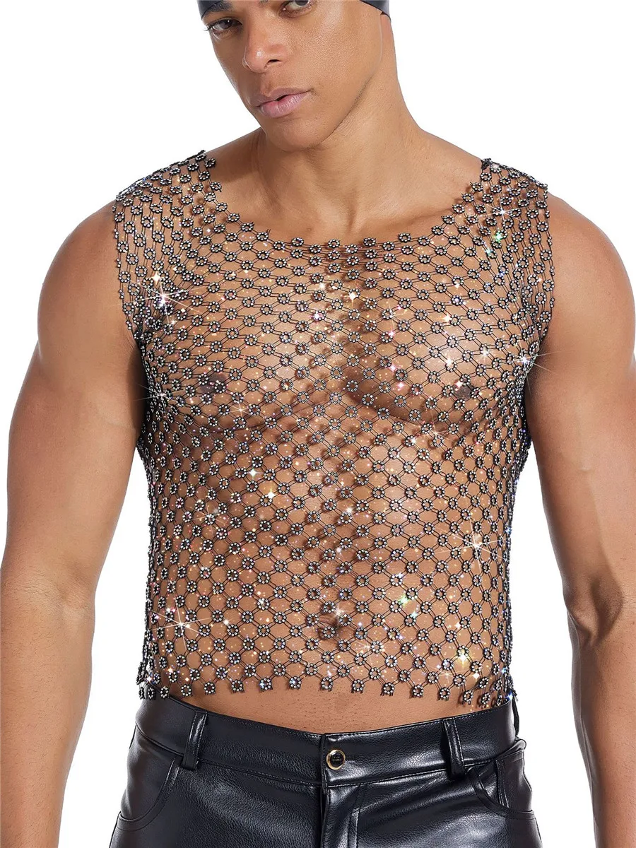 2026 الرجال الصيف الجوف خارج شبكة تانك القمم حجر الراين أكمام تي شيرت مثير الاتجاه سليم سترة تنفس الرجال العضلات تيز