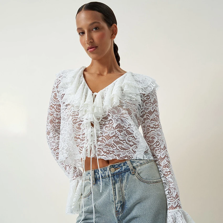 

Linad Sexy White Hollow Out Embroidery Blouse For Woman Summer Elegant Ruffles Flare Sleeve Tops Casual V Neck Lace Up Top 2025