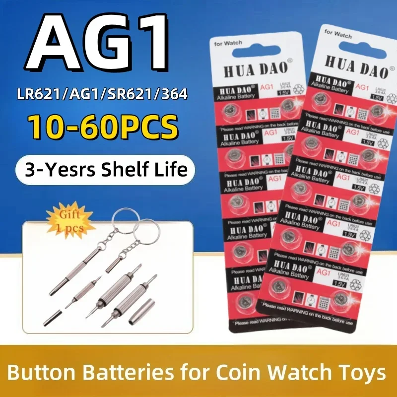 

AG1 LR621 1.55V Alkaline Button Battery, 164 SR60 363 SR621SW 364 621 SR621 L621 CX60 Coin Cell for Watch Clock Remote