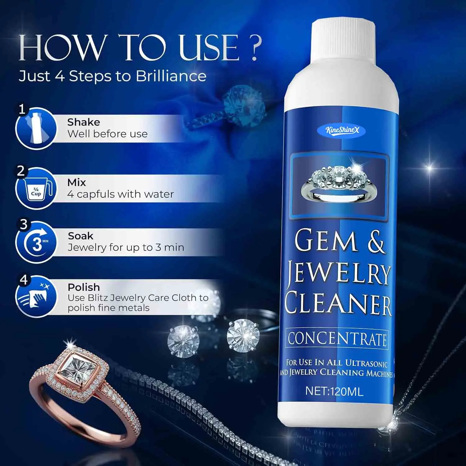 2026 New Gem Jewelry Cleaner Concentrate for Ultrasonic Machine Cleaner Use Liquid To Clean Gold Silver Watches Diamonds, 120ml