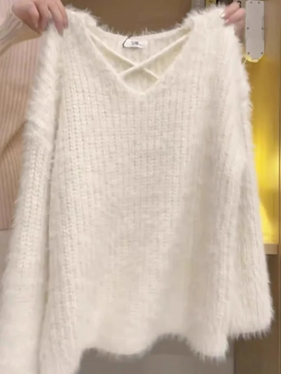 

Ladies' Lazy Sle Knitted Sweater Early Autumn Hollow out Long Sve Inner Wear Top White Furry Design Sense Market