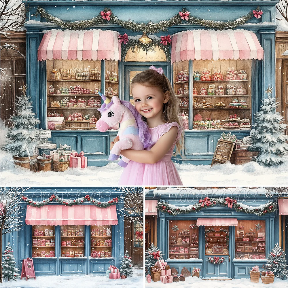 Christmas Candy Shop Front Backdrop Pink Blue Christmas Wreaths Snowy Arched Windows Chocolate Background Photo Studio Photocall