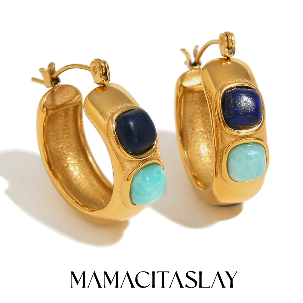 

MamacitaSlay Vitage Gold Plated Blue Stone 25mm Hoops new in earrings trendy women's stainless steel jewelry Woman accesories