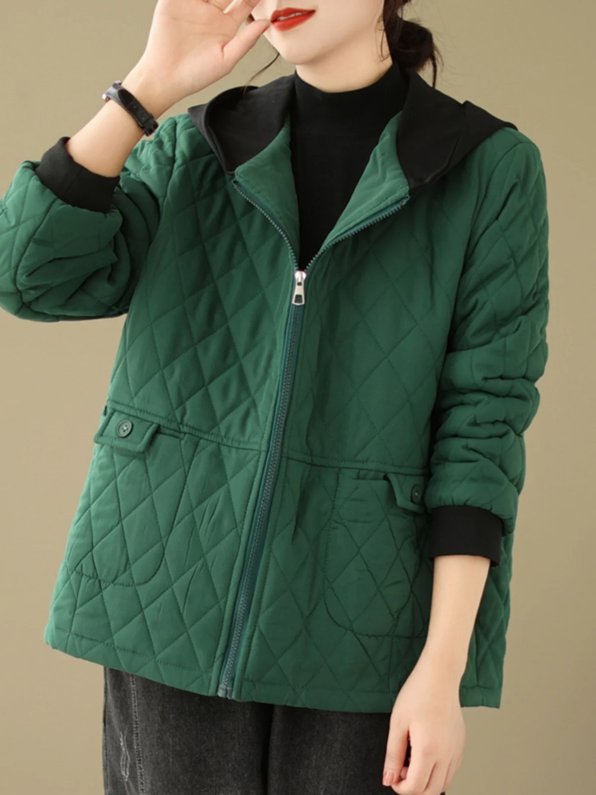 

Хлопковая куртка в стиле ретро с ромбовидным узором, женское зимнее повседневное пальто с капюшоном, свободная посадка, теплая хлопковая верхняя одежда большого размера