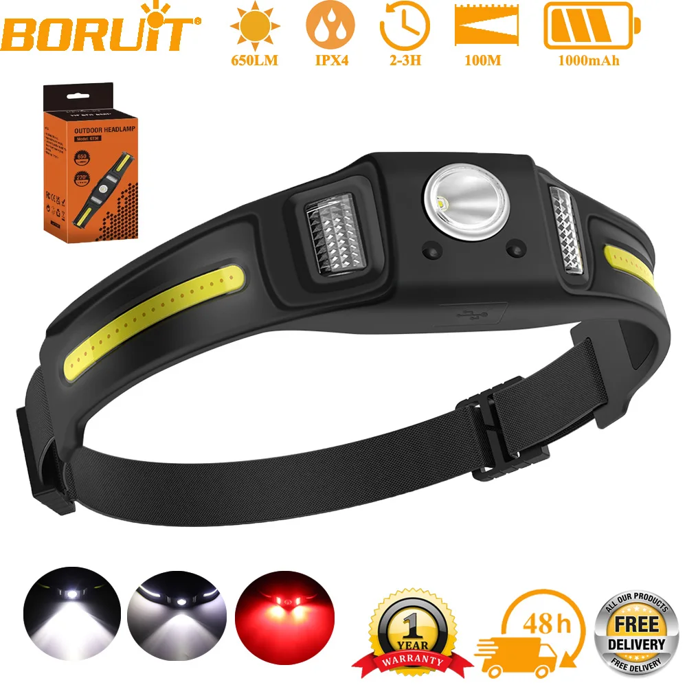 

Налобный фонарь BORUiT с индукционным датчиком, 650 лм, 5 режимов освещения, складной, с зарядкой через USB-C, встроенный аккумулятор, для кемпинга
