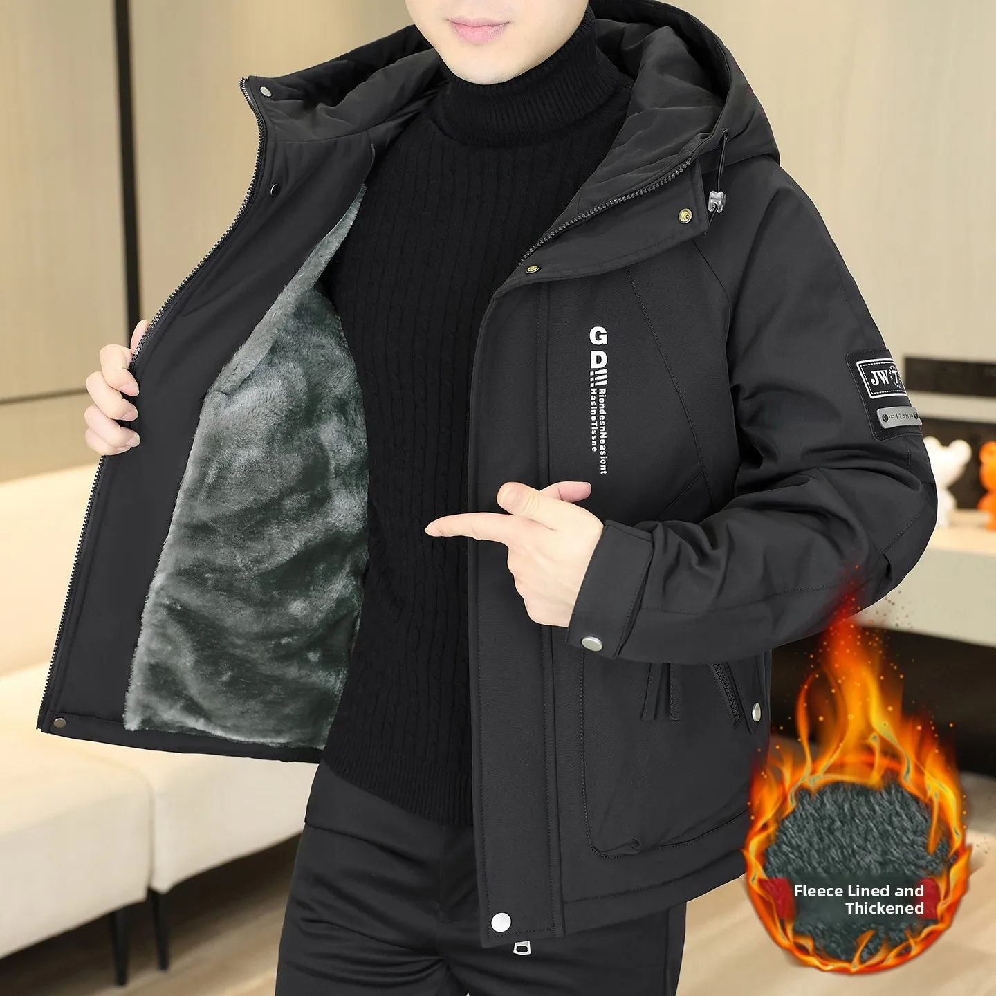 

Men's Fce Lined Thiened Hooded Jaet Casual Sle ort Length Faionable Windbreaker Coat for Autumn Winter