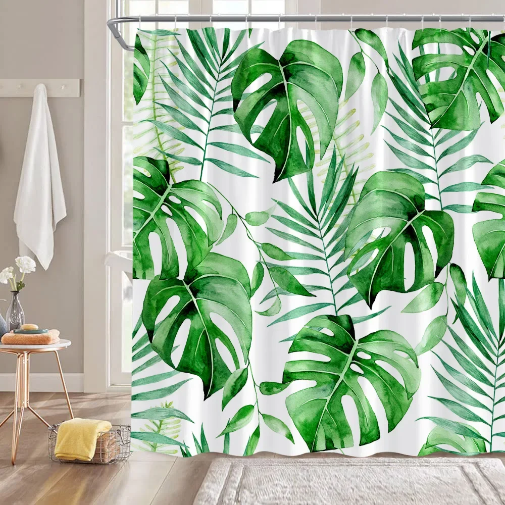 

Tropical Leaves Shower Curtains Green Palm Leaf Plants Bath Curtain Set Modern Polyester Fabric Screen Bathroom Decor with Hooks