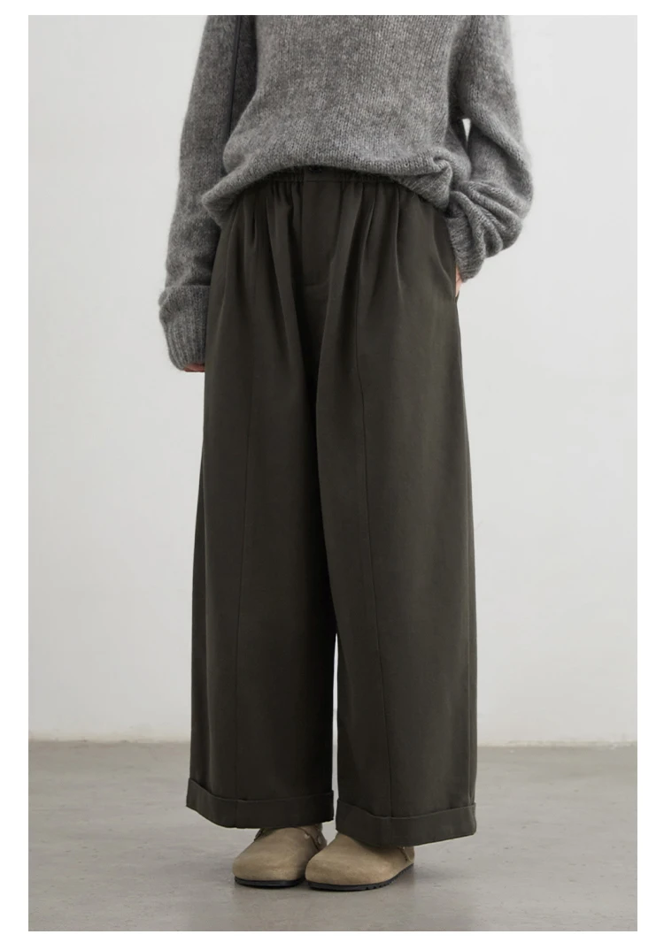 CHIC VEN Frauen Hosen Hohe Taille Lose Feste Breite Bein Casual Weibliche Hose Elastische Taille Falten Hosen Herbst Winter 2025 – Detail 24