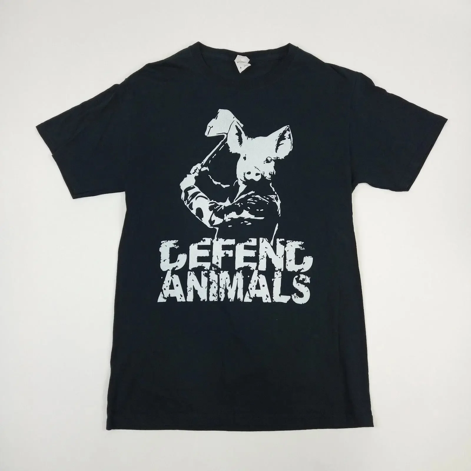 Fruit Of The Loom schwarzes veganes Grafik T Shirt quot Defend Animals Small vintage Washed fashion Casual Slightly Comfortable