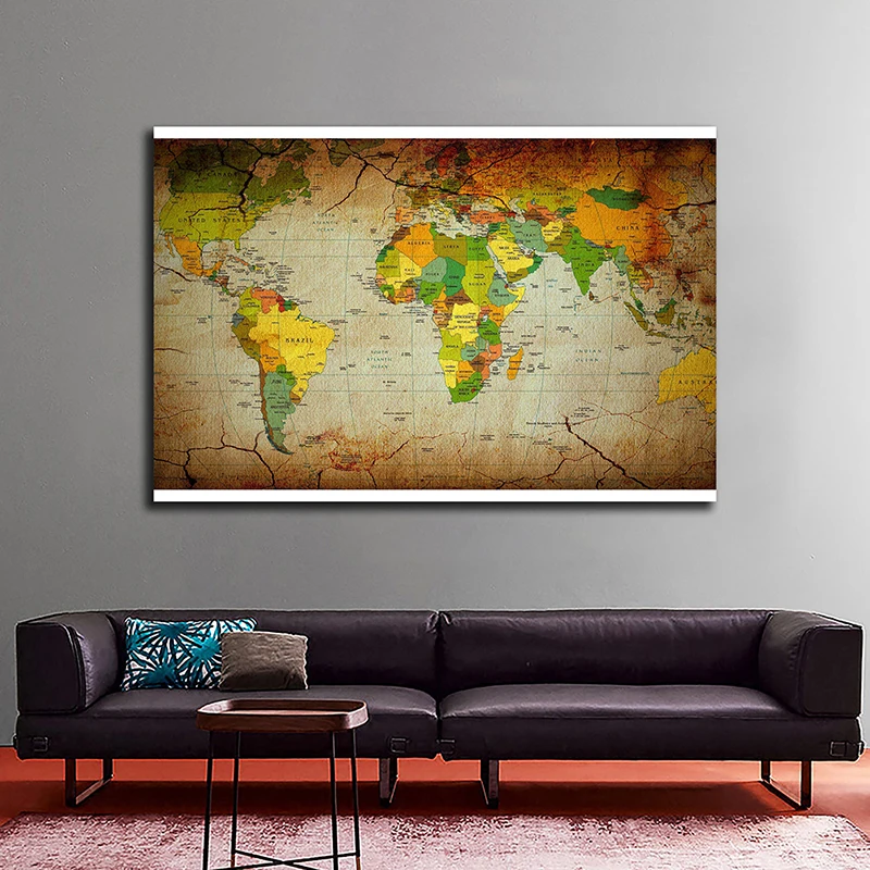 Tela não tecida mapa do mundo em inglês 225*150cm grande cartaz imprime parede decoração para casa crianças escola material de ensino