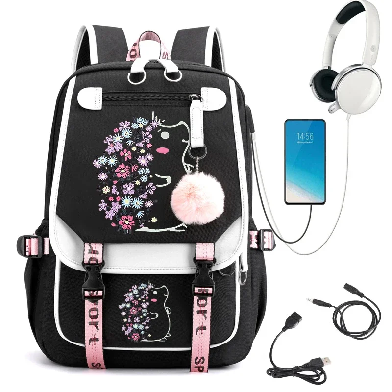 Mochila escolar de Anime con erizo Floral para niñas, mochila grande para estudiantes de secundaria, bolsas con Usb de dibujos animados