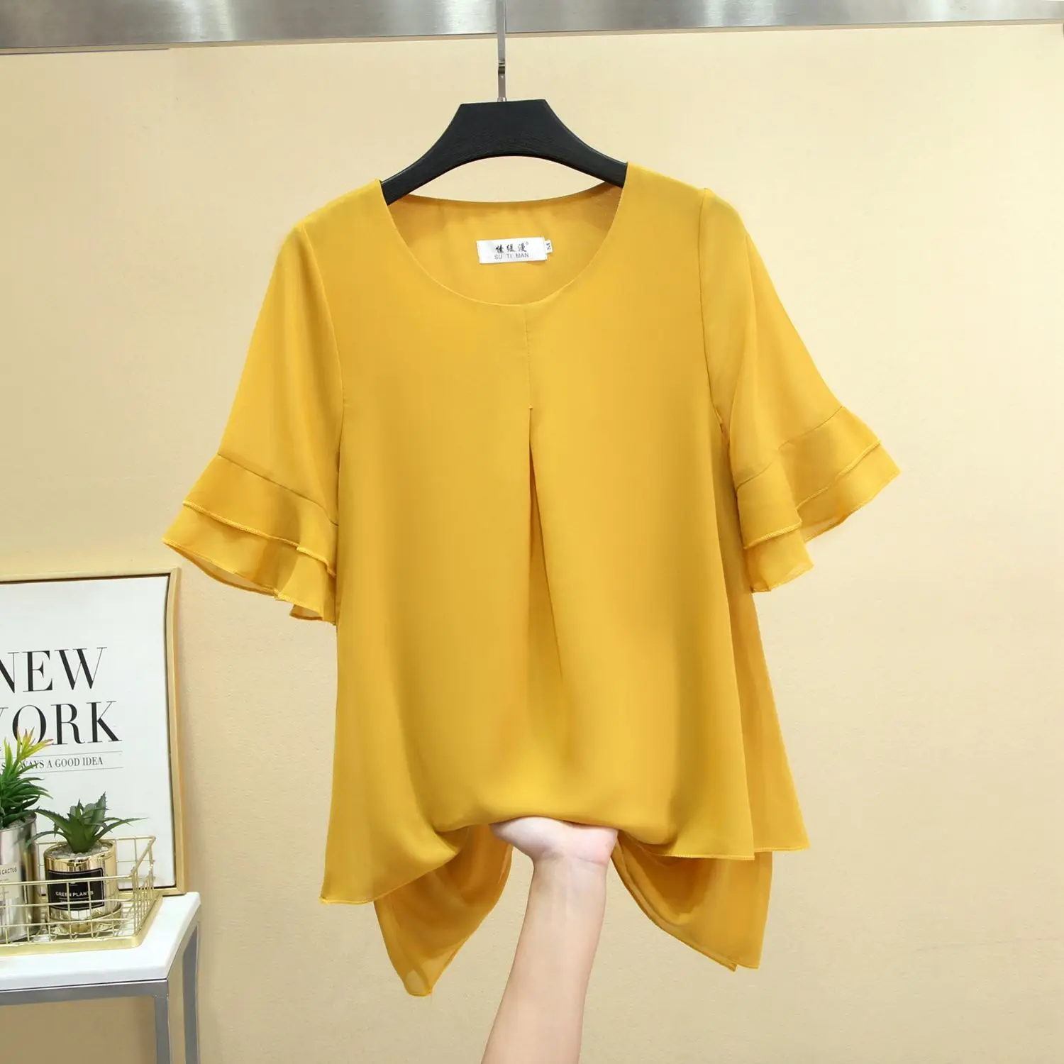 Chemisier fin à manches courtes pour dames, chemise en mousseline de soie, design de niche de style océan, grande taille, printemps, été, nouveau,