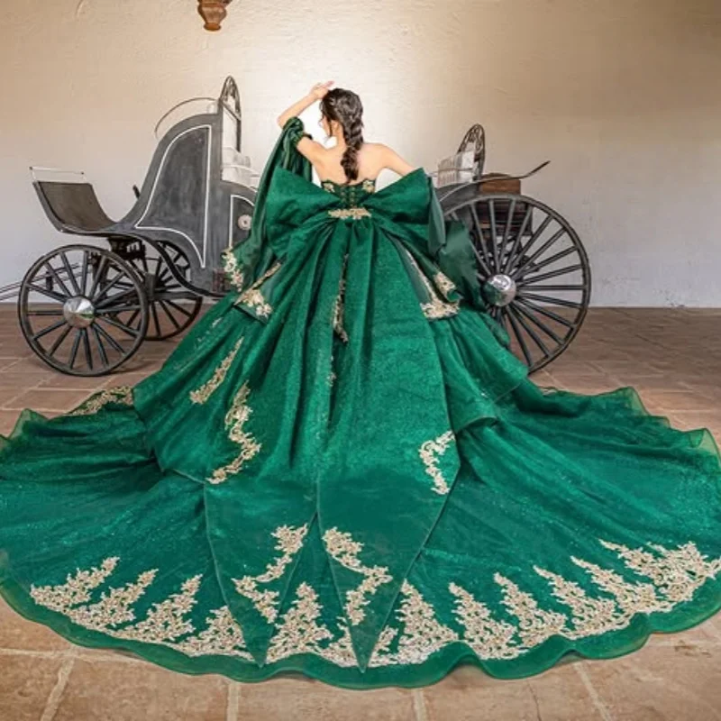Shiny Dark Green Quinceanera Dresses Glitter Decal  Appliques Lace Layering Long tail Bow Vestido De 15 Quinceaneras