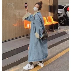 Long Cotton Jacket Women's Plush Thickened 2024 New Loose and Versatile Lamb Wool Winter Denim Jacket Cotton Jacket Denim Coat