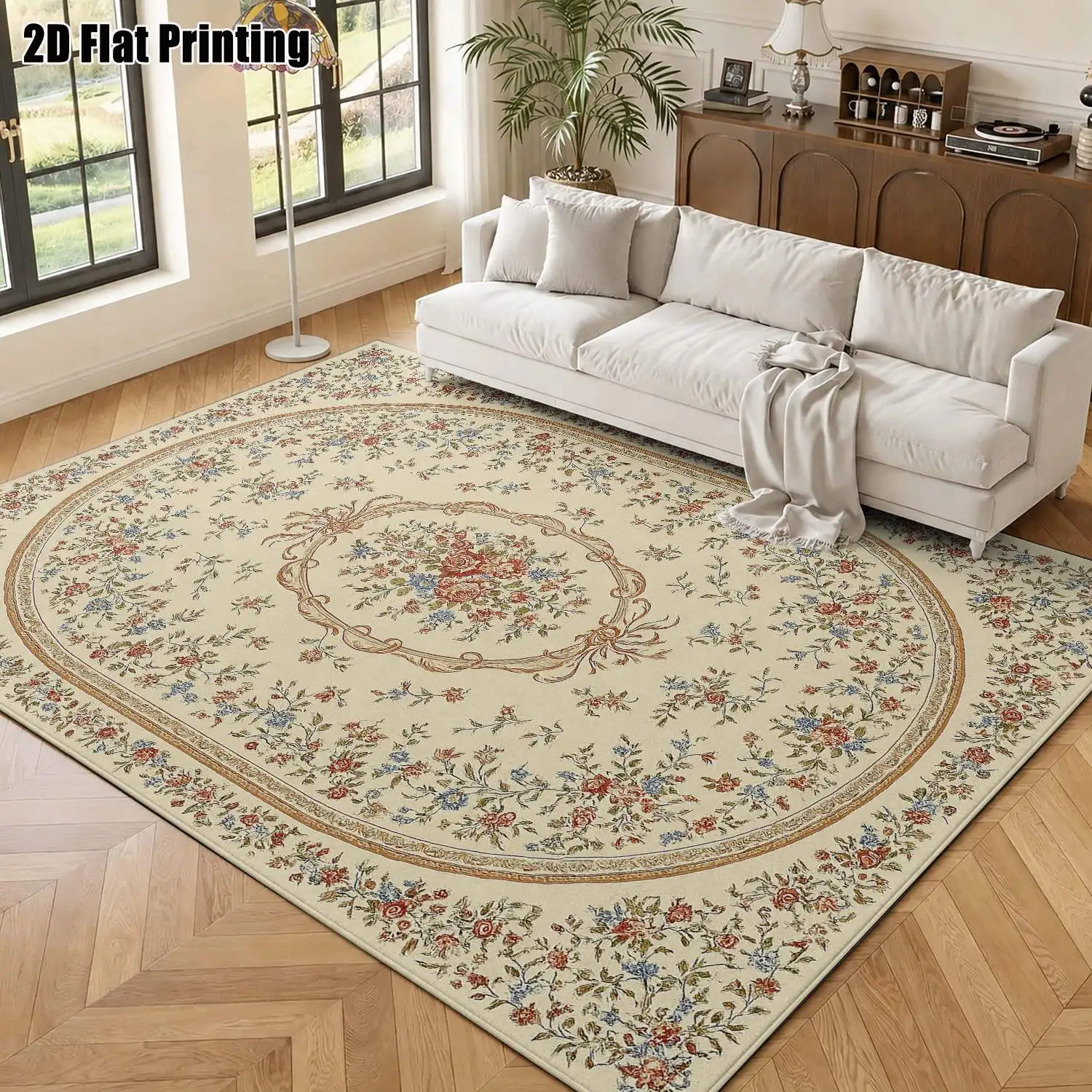 1Pc 2D Printed Carpet: Beige Base, Pink-Blue Floral Pattern European-Style, Vintage/Minimalist Designs, Geometric Floral Patterns. Home Decor, Multi-Size, Machine Washable, for Living Room, Bedroom, Dining Room, Entryway, Study.
