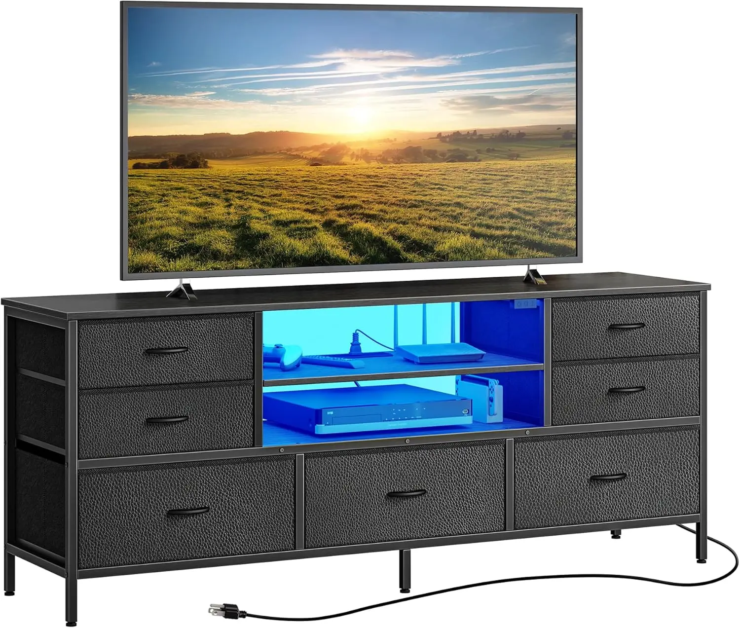 

Dresser for Bedroom With Power Outlets and LED Lights, 7 Drawers TV Stand for 60 Inch TV, Console With Open Shelf, 55 Inches