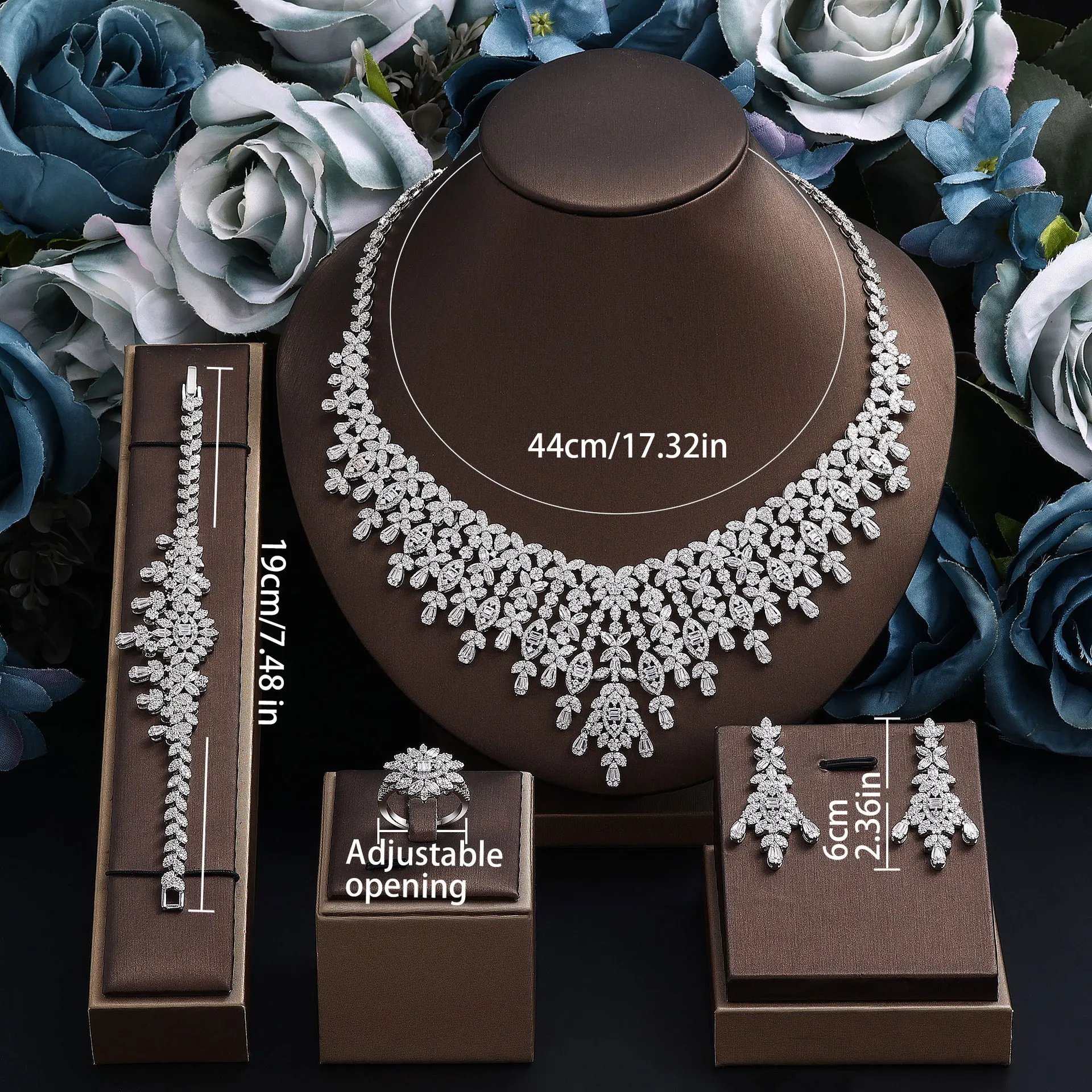 Statement AAA Cubic Zirconia Necklace Earrings Bracelet Ring Luxury Women Evening Wedding Party Bridal Jewelry Set Gifts Fashion