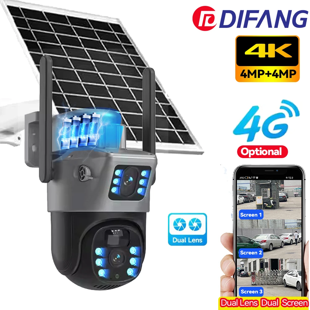 Solar Camera 4G Sim Card Outdoor Dual Lens Dual Screen WiFi 8MP 4K IP Camara Solar Panel CCTV Security Battery CCTV  Cam V380