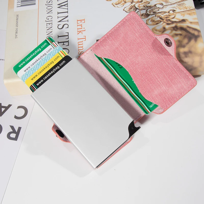Casekey Male Wallet Fashion Denim Leather Pop Up Card Holder Anti-theft Aluminum Metal Smart Wallet Mini Purse Money Bag for Men