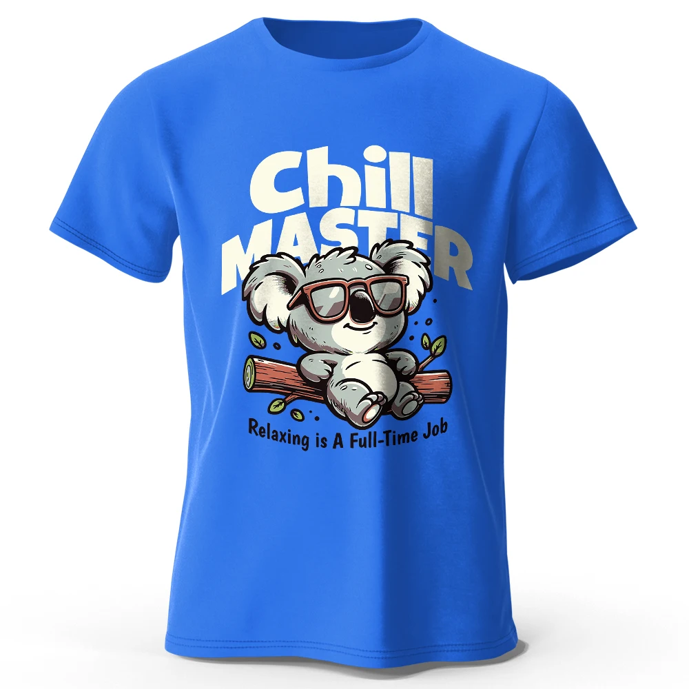 Men Chill Master Koala Graphic Print T Shirt O Neck Short Sleeve Red Cotton Casual Tees With Relaxing Slogan Tops For Male