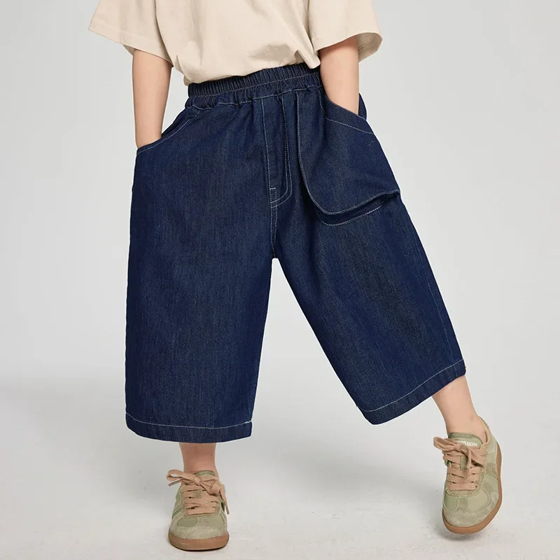 

2025 Summer New Boys denim cropped pants solid color loose straight trousers Kids casual thin style calf-length jeans