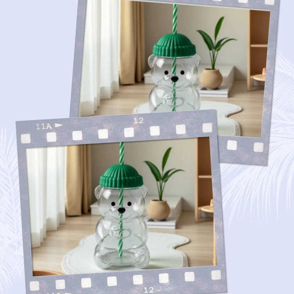 كوب الدب الجديد مع القش، زجاجة زجاجية رائعة تتميز بدب يرتدي قبعة، مناسبة كزجاجة شاي بالحليب، زجاجة مشروبات