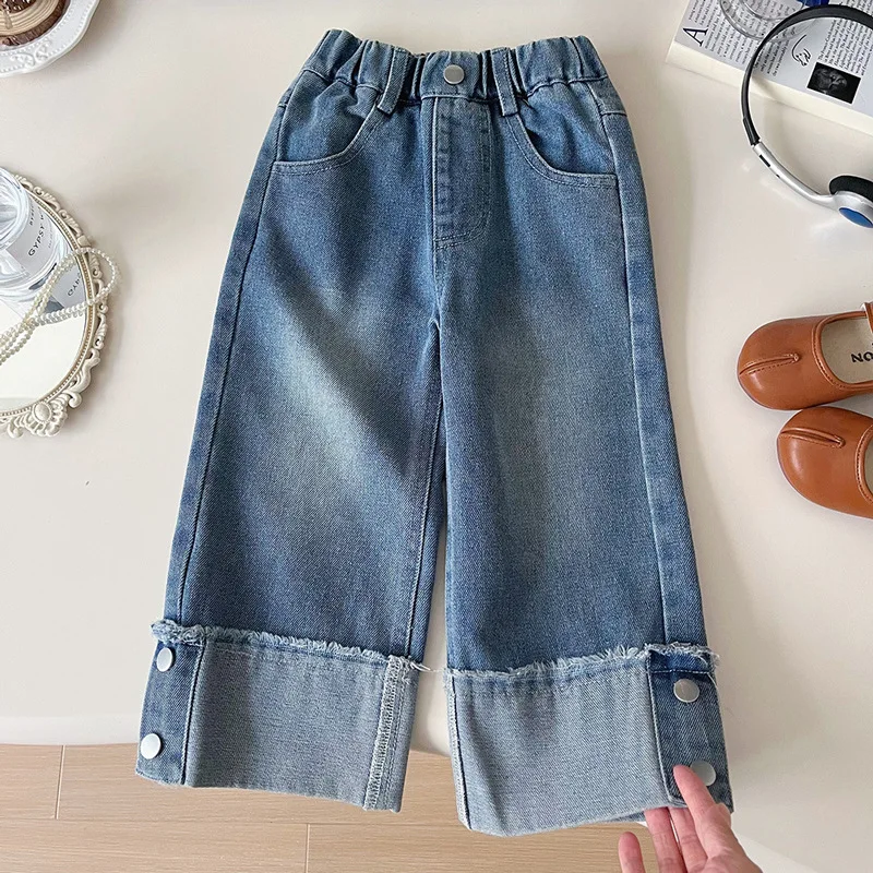 

2024Spring New Girls Trendy Jeans Loose Straight Pants Children's Flanging Soft Wide-Leg Jeans Tide